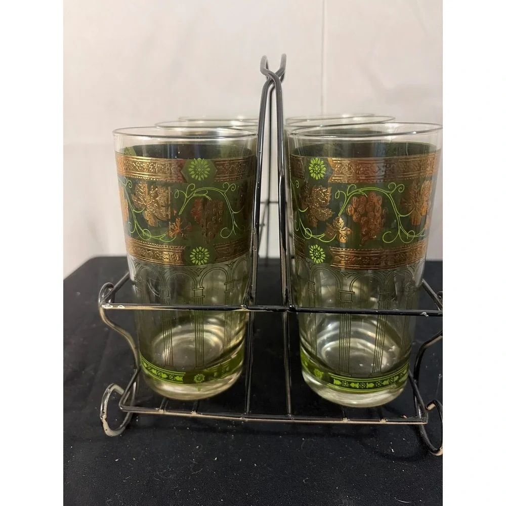 Vintage Cera Highball Glasses Set of 6 Green Gold Grape MCM Black‎ Metal Caddy